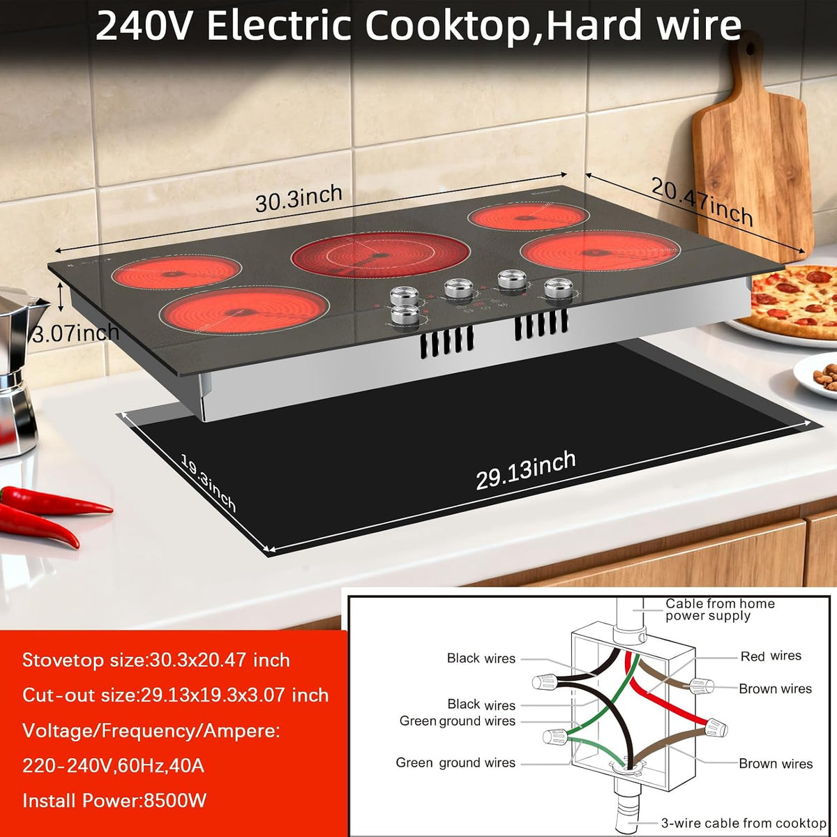 Electric Cooktop 30 Inch, 5 Burner Radiant Cooktop Knob Control