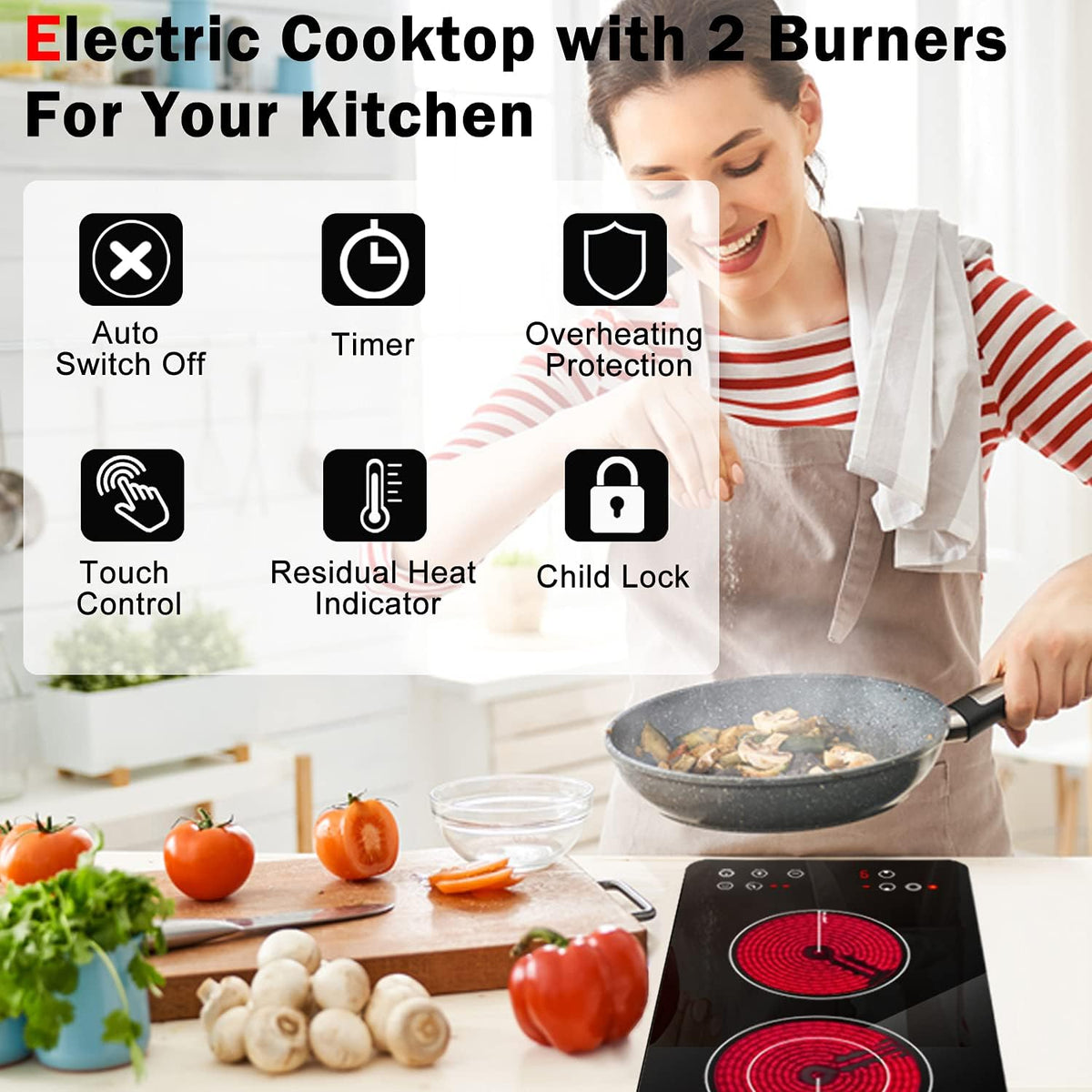 2 Burner Electric Cooktop 12 Inch, Drop-In Radiant Cooktop