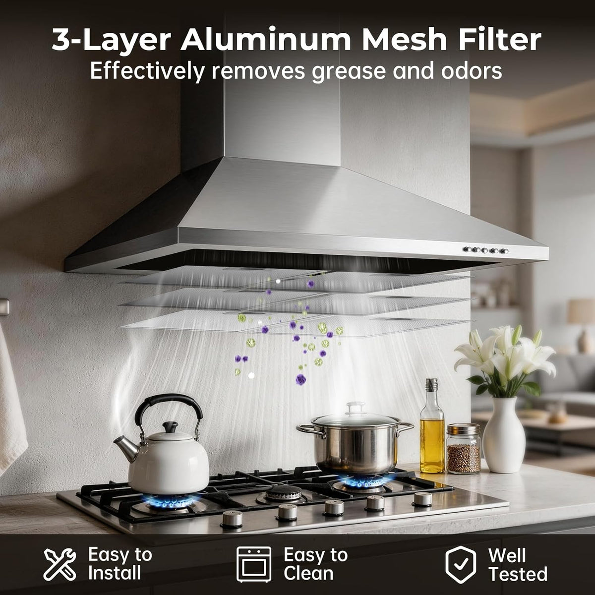 24 Inch Wall Mount Range Hood, Stainless Steel Range Hood 450 CFM
