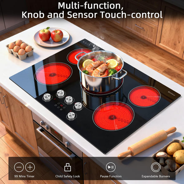 Electric Cooktop 30 Inch, 5 Burner Radiant Cooktop Knob Control