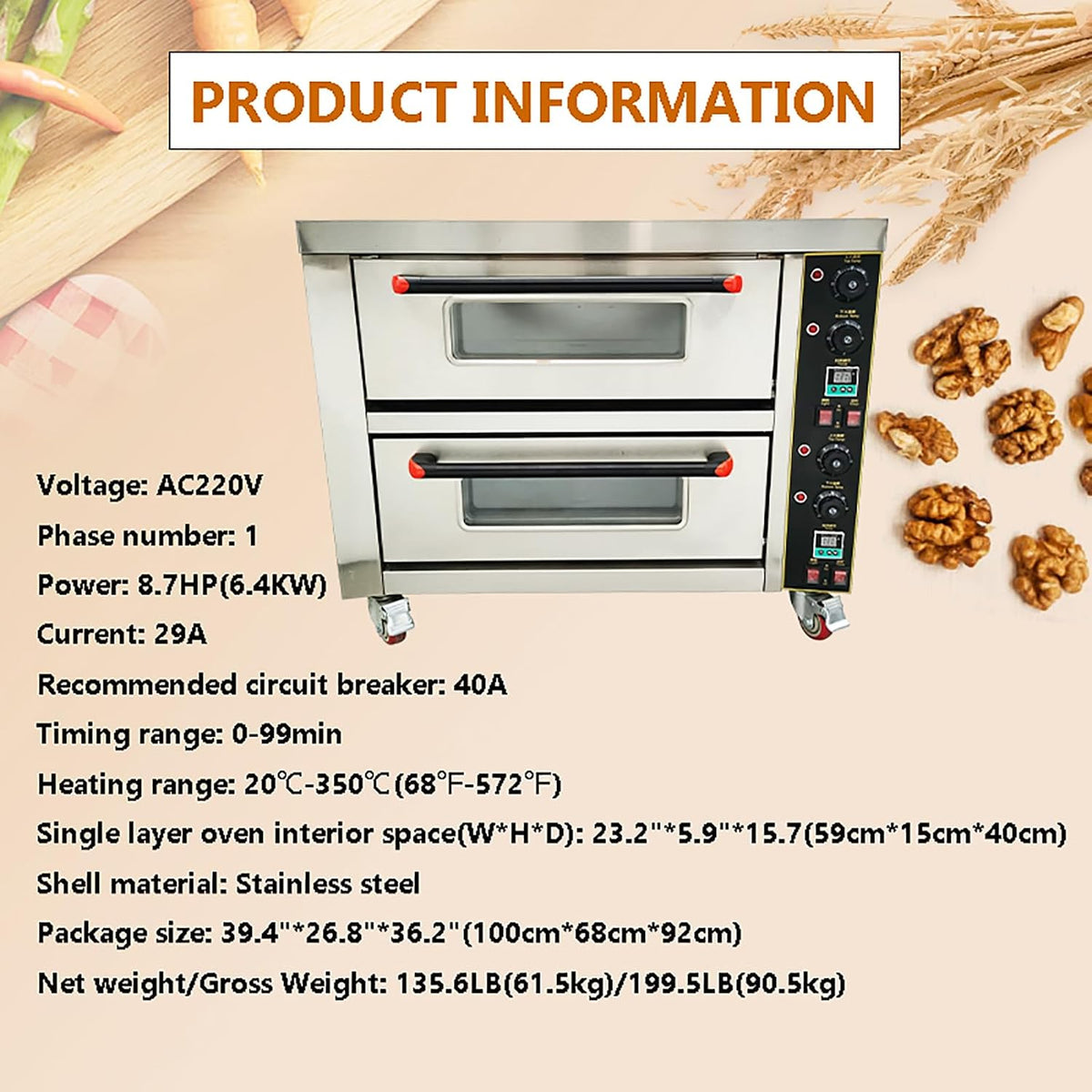 Commercial Pizza Oven Double Deck Movable Electric Pizza Oven Stainless Steel Multipurpose Pizza Oven for Restaurant with Wheels 6400W 220V Single Phase