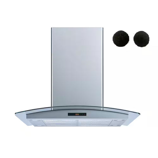 30 In. 600 CFM Convertible Island Range Hood in Stainless Steel and Glass with Mesh, Charcoal Filters and Touch Control
