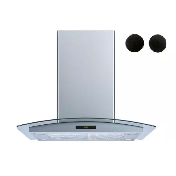 30 In. 600 CFM Convertible Island Range Hood in Stainless Steel and Glass with Mesh, Charcoal Filters and Touch Control