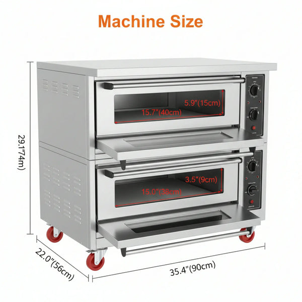 Commercial Pizza Oven Double Deck Movable Electric Pizza Oven Stainless Steel Multipurpose Pizza Oven for Restaurant with Wheels 6400W 220V Single Phase