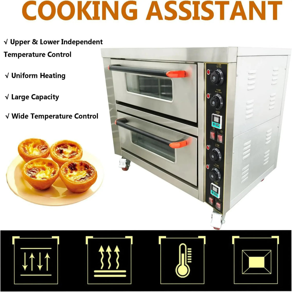 Commercial Pizza Oven Double Deck Movable Electric Pizza Oven Stainless Steel Multipurpose Pizza Oven for Restaurant with Wheels 6400W 220V Single Phase
