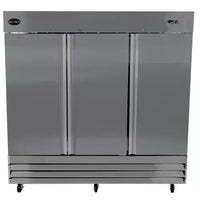 81 In. W 72 Cu. Ft. Three Door Commercial Reach in Upright Refrigerator in Stainless Steel