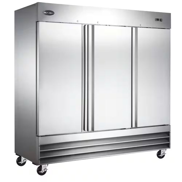 Commercial Reach In Refrigerator Built for High Volume Storage, 72 Cu Ft Capacity, Stainless Steel, 3 Door