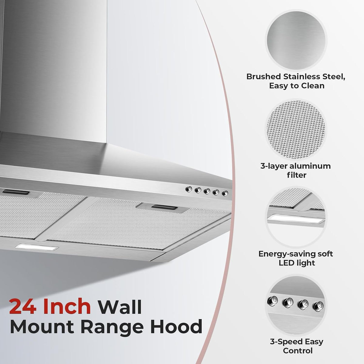 24 Inch Wall Mount Range Hood, Stainless Steel Range Hood 450 CFM