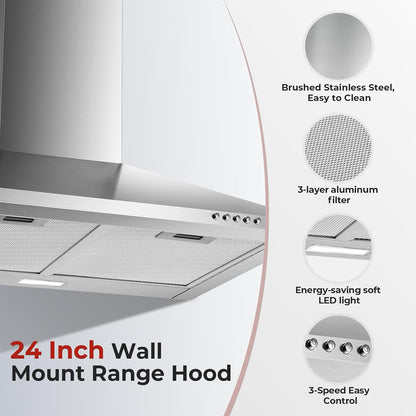 24 Inch Wall Mount Range Hood, Stainless Steel Range Hood 450 CFM
