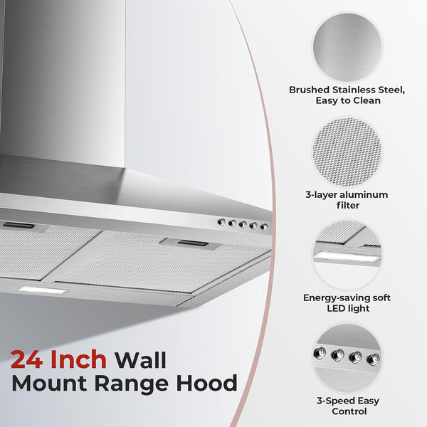24 Inch Wall Mount Range Hood, Stainless Steel Range Hood 450 CFM