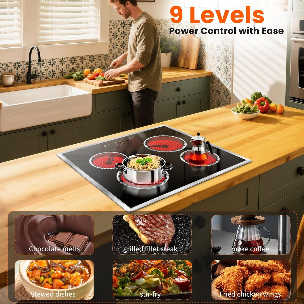 24 Inch Electric Cooktop with Glass Protecting the Metal Frame