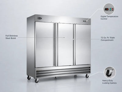 Commercial Reach In Refrigerator Built for High Volume Storage, 72 Cu Ft Capacity, Stainless Steel, 3 Door