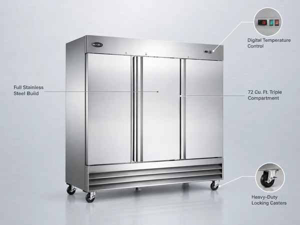 81 In. W 72 Cu. Ft. Three Door Commercial Reach in Upright Refrigerator in Stainless Steel — Feature Infographic